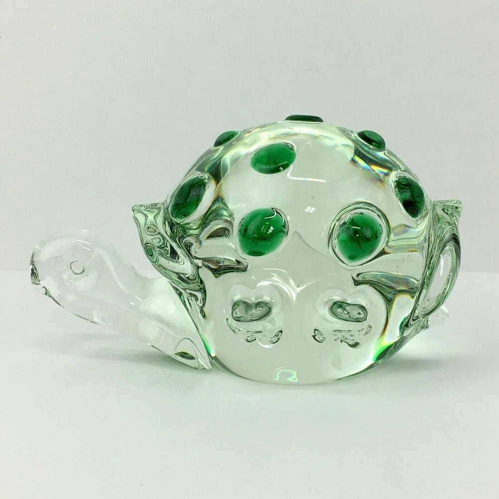 Art Glass Box Turtle‎ Paperweight Figurine Clear with Green Spots 6" Long